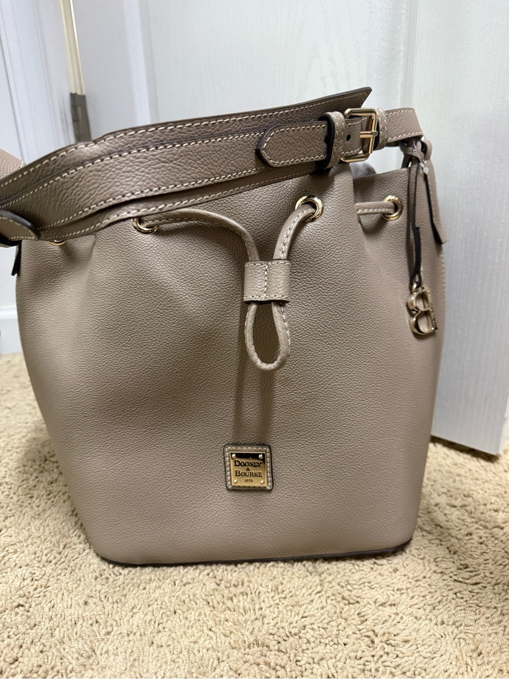 Dooney & Bourke Taupe Pebble Leather Drawstring Shoulder Bag